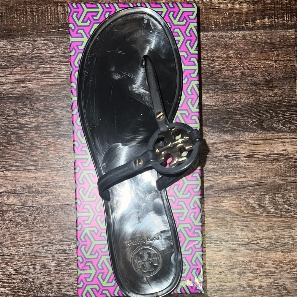 Tory Burch Black Sandals with Gold Emblem